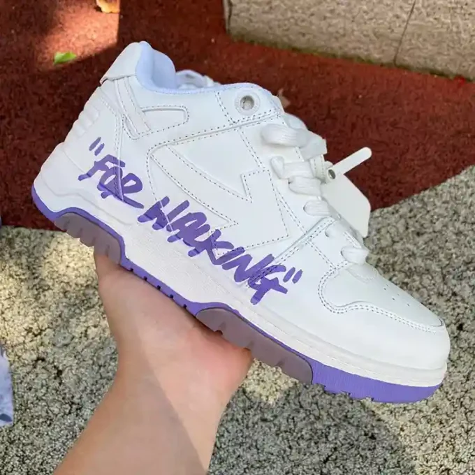 OW White Purple Hand-Painted OFF-WHITE Out Of Office Leather Low-Top Sneakers