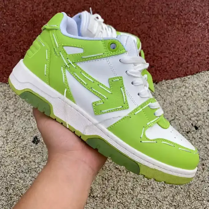 OFF-WHITE Out Of Office Low-Top Leather Sneakers in White and Grass Green