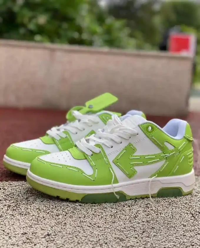 OFF-WHITE Out Of Office Low-Top Leather Sneakers in White and Grass Green